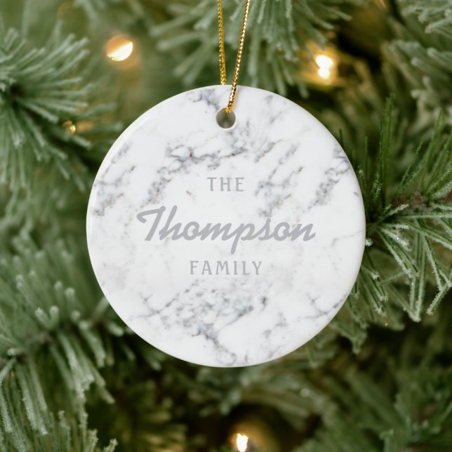 Stylish Faux Marble Texture And Custom Family Name Ceramic Ornament (Tree)