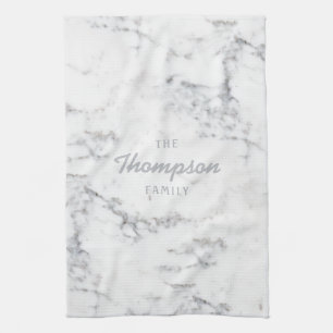Stylish Faux Marble Texture And Custom Family Name Tea Towel