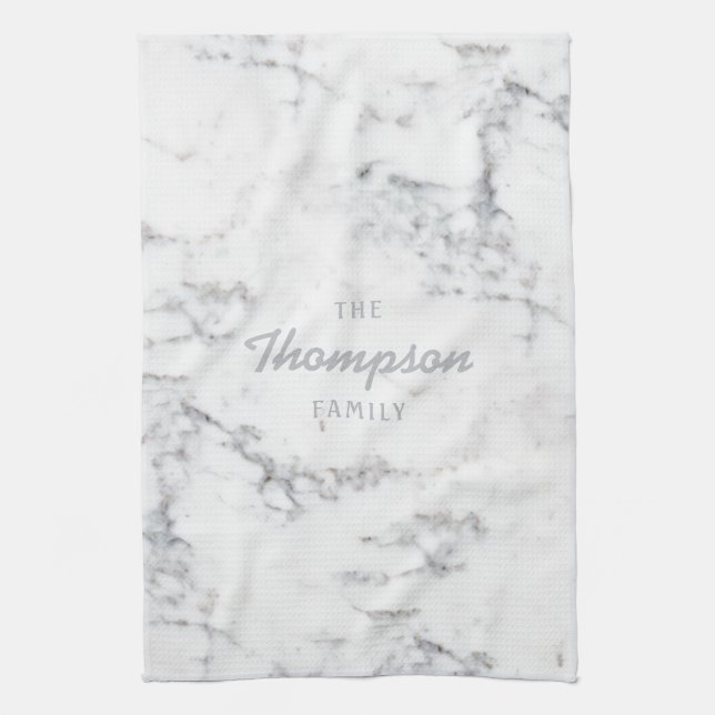 Stylish Faux Marble Texture And Custom Family Name Tea Towel (Vertical)