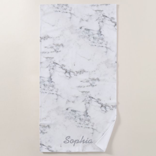 Stylish Faux Marble Texture Look With Custom Name Beach Towel (Front)