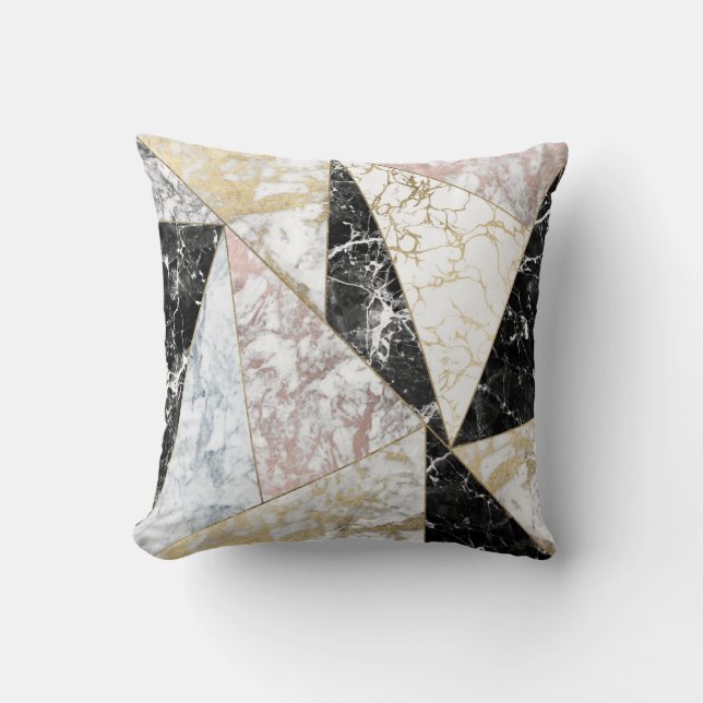 Stylish faux rose gold black white luxury marble cushion (Front)