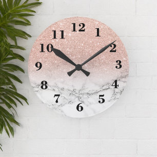 Stylish faux rose pink glitter ombre white marble round clock