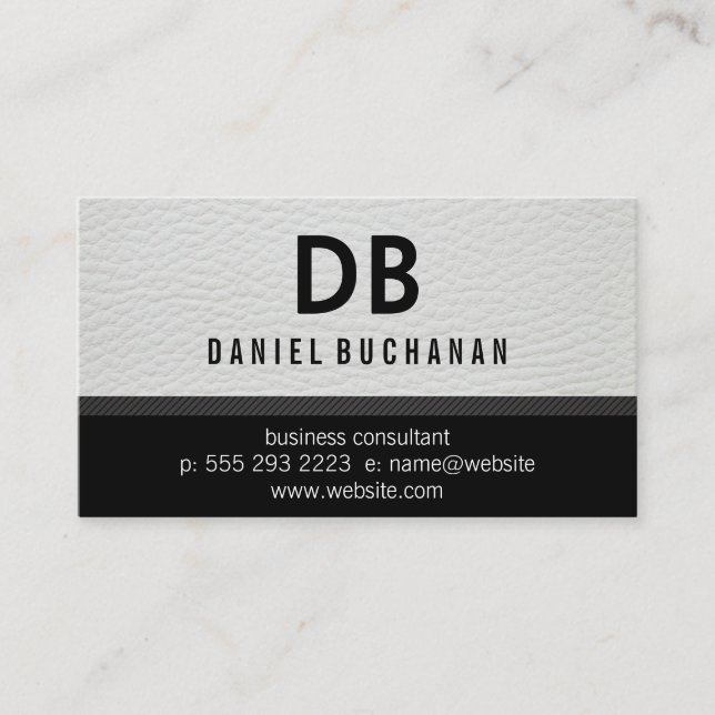 Stylish Faux White Leather Monogram Business Card (Front)