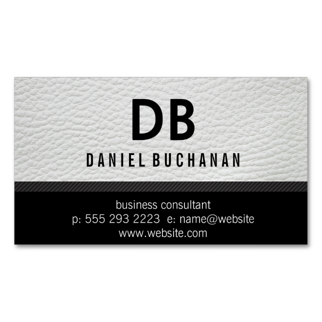 Stylish Faux White Leather Monogram Magnetic Business Card (Front)