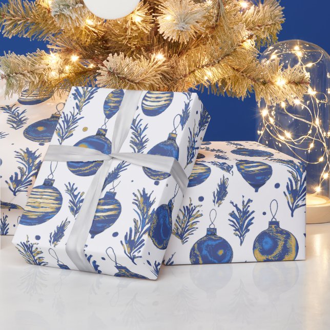 Stylish Festive Christmas Baubles Patterned Blue Wrapping Paper (Holidays)