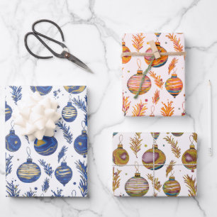 Stylish Festive Christmas Baubles Patterned Trio Wrapping Paper Sheet