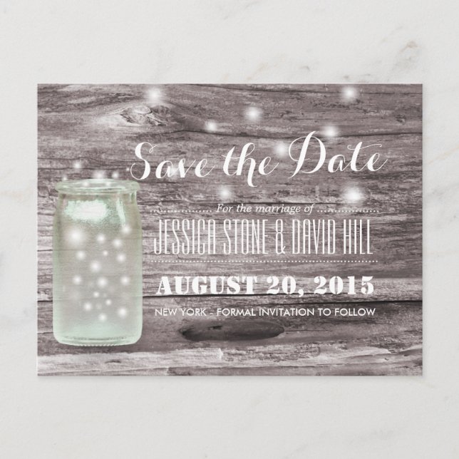Stylish Fireflies Mason Jar Wood Save the Date Announcement Postcard (Front)