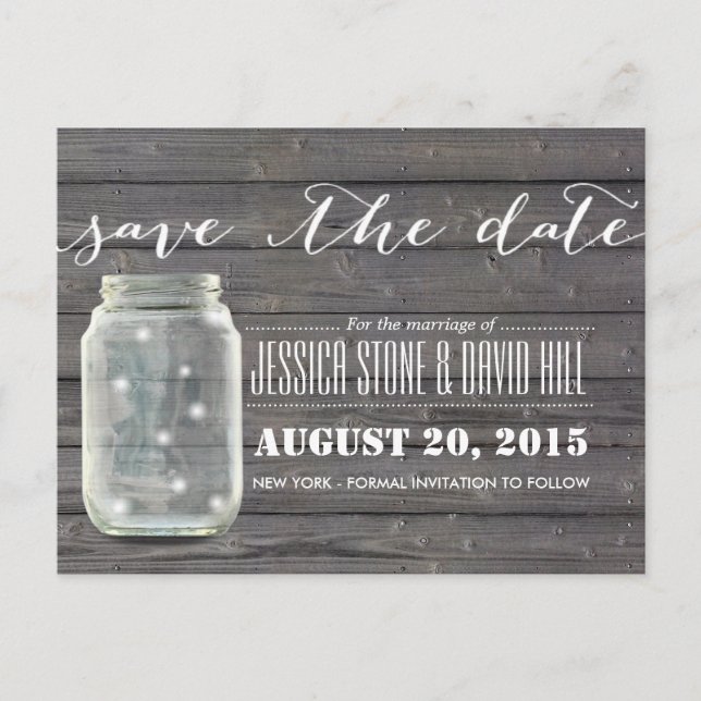 Stylish Fireflies & Mason Jar Wood Save the Date Announcement Postcard (Front)