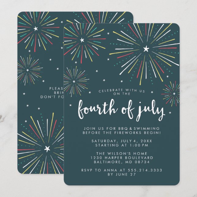 Stylish Fireworks Fourth of July Party Invitations (Front/Back)
