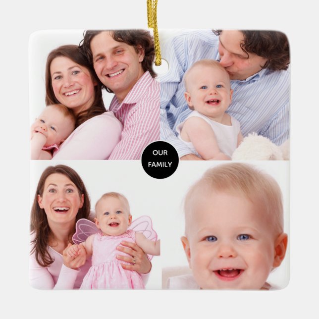 Stylish Five Family Photo Collage Names Ceramic Ornament (Front)