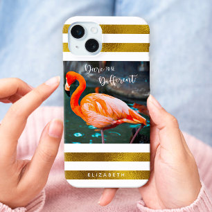 Stylish Flamingo Photo Gold Stripes Dare Quote iPhone 15 Mini Case