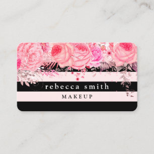 Stylish floral black pink stripes makeup artist business card