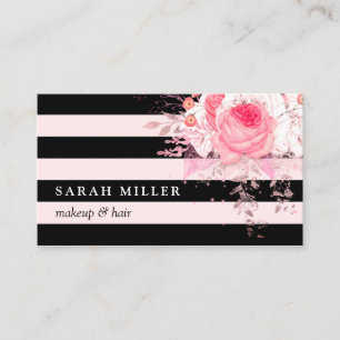 Stylish floral black white stripes makeup & hair business card