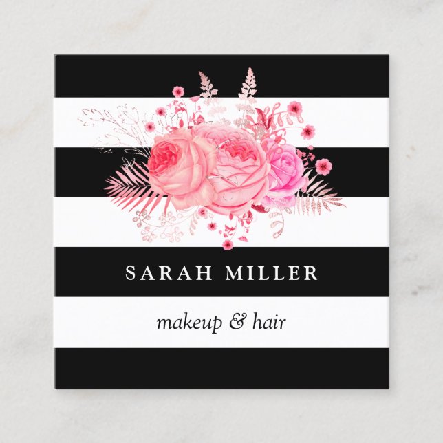 Stylish floral black white stripes makeup & hair square business card (Front)