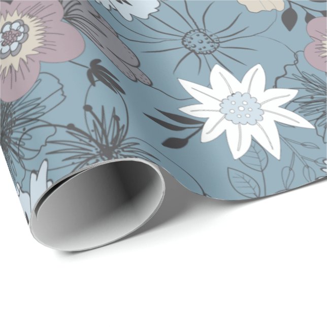 Stylish Floral Blue White Rose Flowers Pattern Wrapping Paper (Roll Corner)