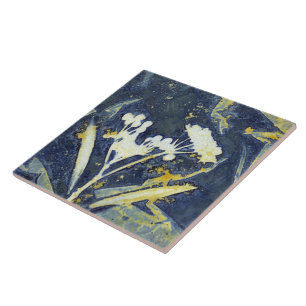 Stylish Floral Botanical Cyanotype Ceramic Tile