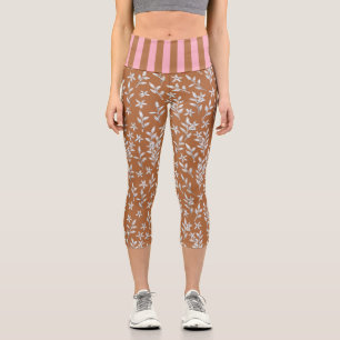 Stylish Floral Brown & Pink High Waisted Capri Leggings