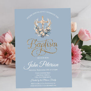 Stylish Floral Cross Baptism Dusty Blue Invitation