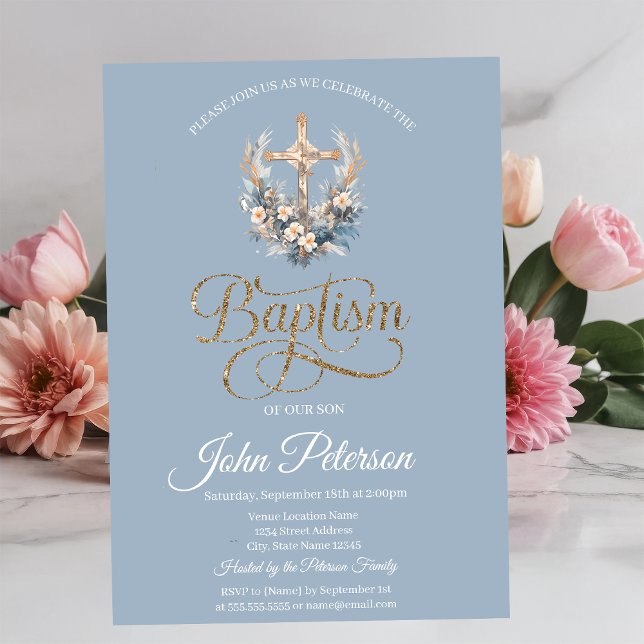 Stylish Floral Cross Baptism Dusty Blue Invitation (Creator Uploaded)