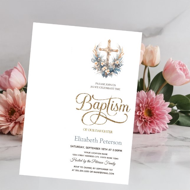 Stylish Floral Cross,Dotted Baptism Invitation (Creator Uploaded)