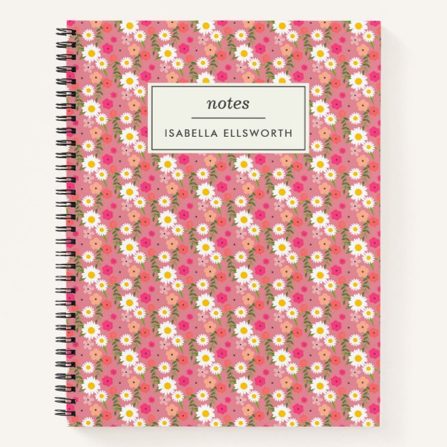 Stylish Floral Daisy Pattern Pink Personalised Notebook (Front)