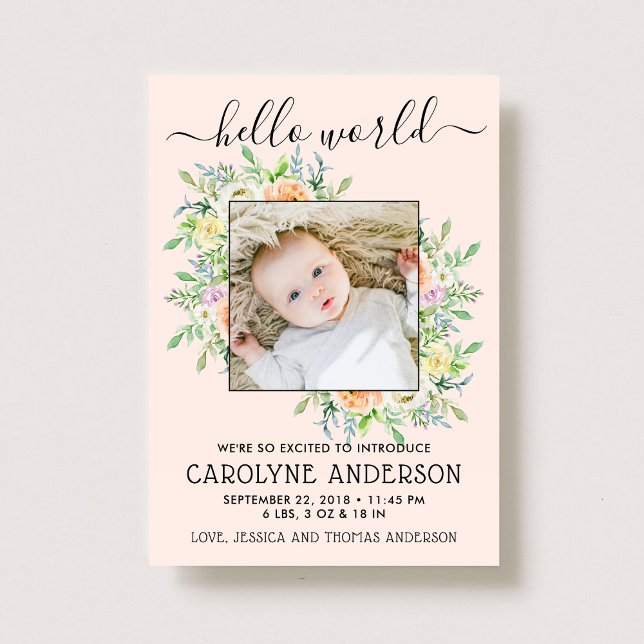 Stylish Floral Frame Photo Birth Announcement (Creator Uploaded)