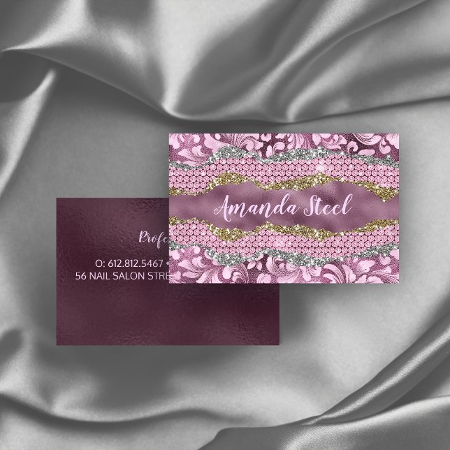 Stylish floral glittery Purple pink gold monogram Business Card (Creator Uploaded)