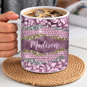 Stylish floral glittery Purple pink gold monogram Coffee Mug