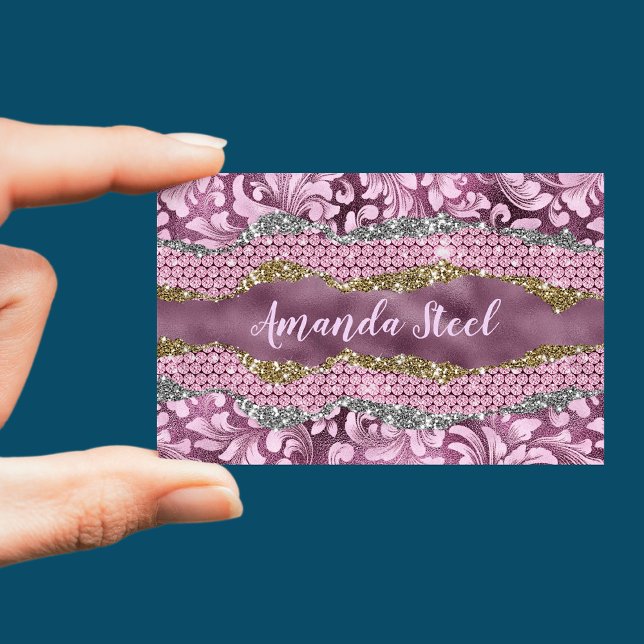 Stylish floral glittery Purple pink gold monogram Magnetic Business Card (Creator Uploaded)