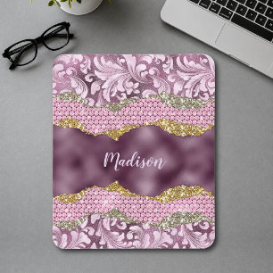 Stylish floral glittery Purple pink gold monogram Mouse Pad