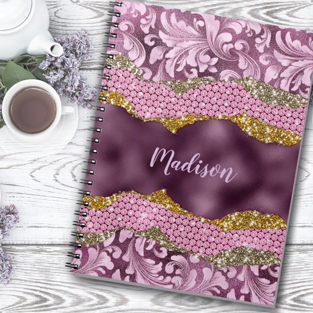 Stylish floral glittery Purple pink gold monogram Notebook (Creator Uploaded)