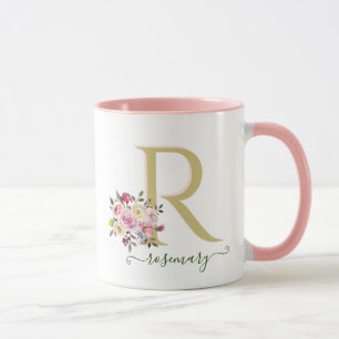 Stylish Floral Gold Pink Custom Monogram Name     Mug