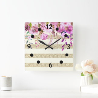 Stylish Floral Gold Striped Square Wall Clock