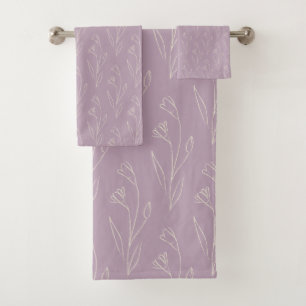 Stylish Floral Line Art Drawing in Dusty Lilac  Bath Towel Set