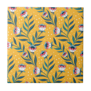 Stylish Floral Motif with Dots and Green Leaves Ceramic Tile