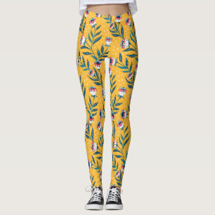 Stylish Floral Motif with Dots and Green Leaves Leggings