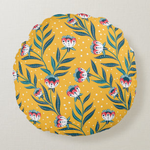Stylish Floral Motif with Dots and Green Leaves Round Cushion