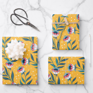Stylish Floral Motif with Dots and Green Leaves Wrapping Paper Sheet