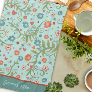 Stylish Floral Pattern Modern Customised Name  Tea Towel