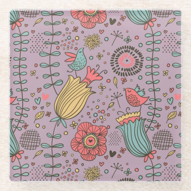 Stylish floral pattern with flowers glass coaster (Front)