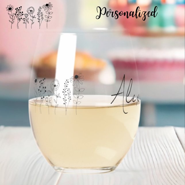 Stylish Floral Personalised Stemless Wine Glass (Creator Uploaded)
