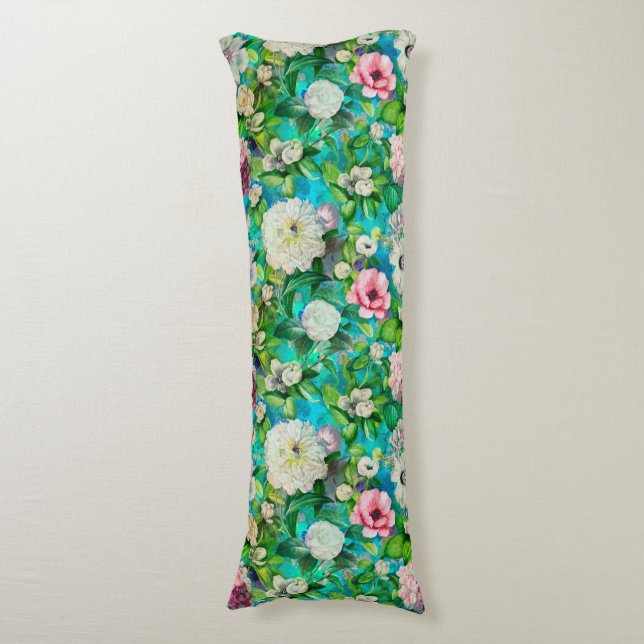 Stylish floral pink flowers blue monogram pattern body cushion (Front Vertical)