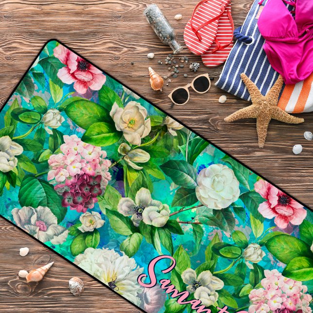 Stylish floral pink flowers blue monogram pattern desk mat (Creator Uploaded)