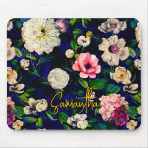 Stylish floral pink flowers blue monogram pattern mouse pad