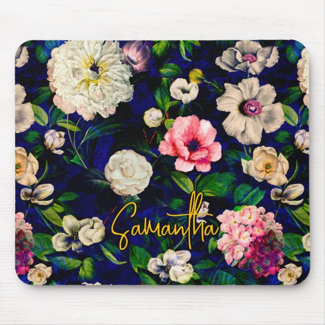 Stylish floral pink flowers blue monogram pattern mouse pad (Front)