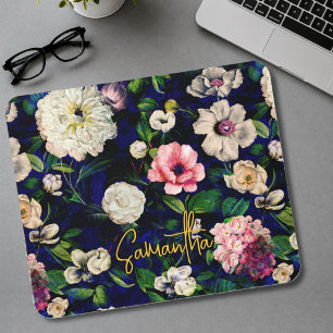 Stylish floral pink flowers blue monogram pattern mouse pad