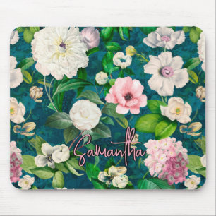 Stylish floral pink flowers green monogram pattern mouse pad