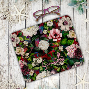 Stylish floral pink flowers red monogram pattern mouse pad