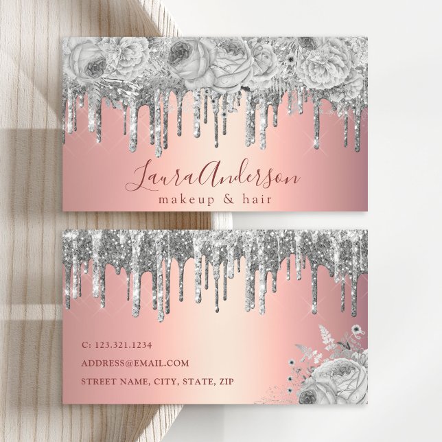 Stylish floral silver glitter drips makeup & hair business card (Creator Uploaded)