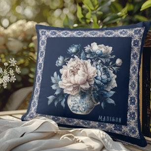 Stylish floral vase Blue chinoiserie monogram Cushion